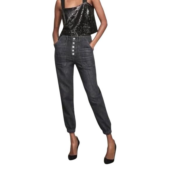 Veronica Beard Bolton High-Rise Elastic Hem Tapered Jeans — Size 26 (Black/Faded - Picture 1 of 15